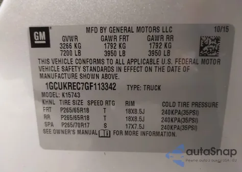 2016 Chevrolet Silverado 1500 1Lt from USA, damaged, VIN 1GCUKREC7GF113342